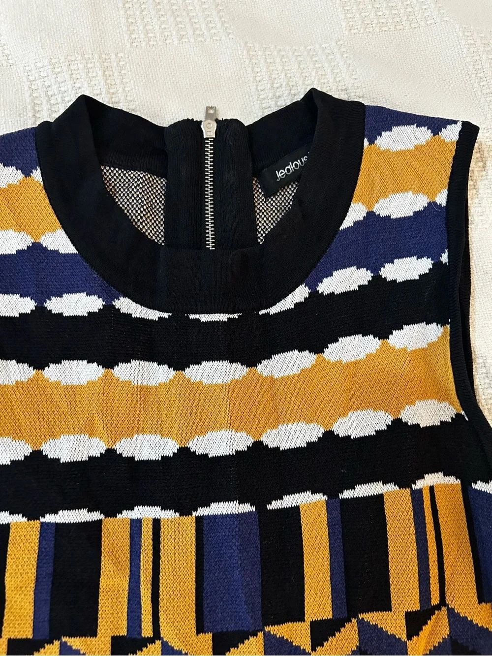 Jealous, tomato Sleeveless Geometric Knit Dress in Navy and Mustard size small - Picture 3 of 6